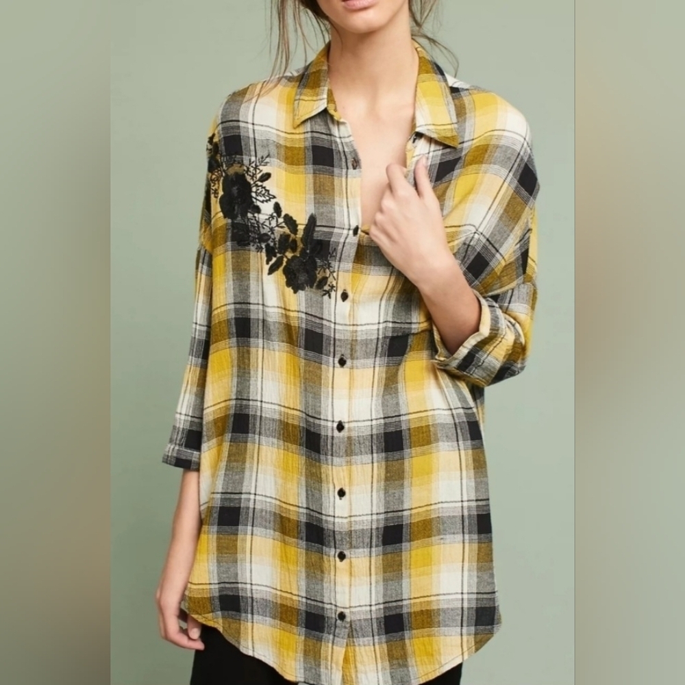 Anthropologie Maeve Embroidered Plaid Buttondown Oversized Tunic Shirt Size XS/S - Picture 1 of 13